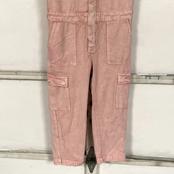 Spool 72 distressed pink denim jean jumpsuit overalls size small Petite - Picture 4 of 12